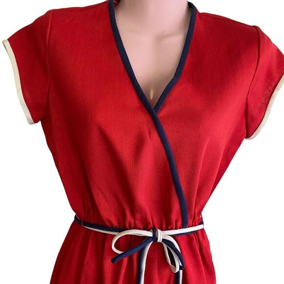 Vtg 1970s Dress Women's Small Red Linen Faux Wrap Button Skirt Belted Office - Picture 3 of 5